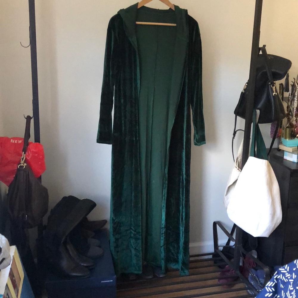 Long dark green velvety hooded cloak